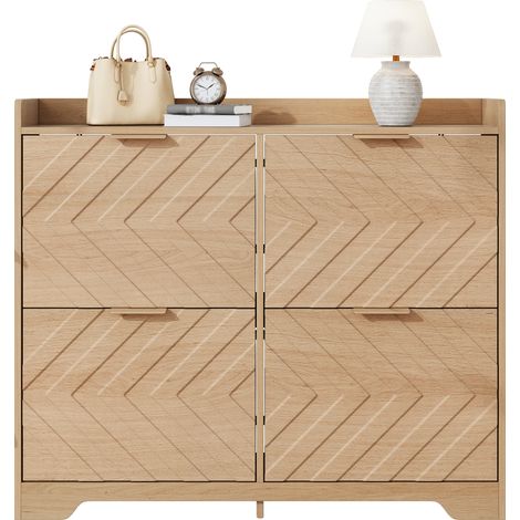 Meuble à chaussures avec 4 abattants, plateau supérieur, façade 3D pour entrée en MDF, Naturel 105 × 24 × 90 cm (1/5)
