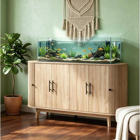 Buffet ovale en MDF effet chêne avec 6 portes, 2 étagères réglables et pieds stables (1/5)