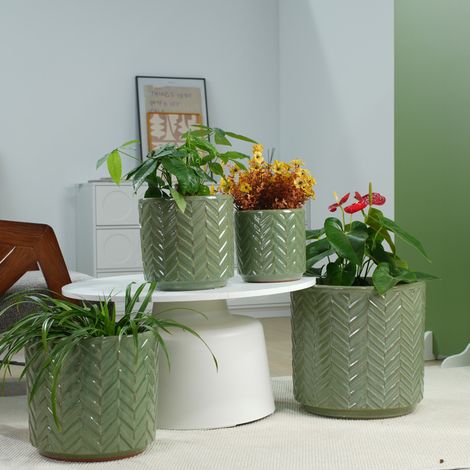 Vaso in ceramica Ø24,5 cm verde salvia lucido con rilievo chevron, foro di drenaggio HAVRYA (1/5)