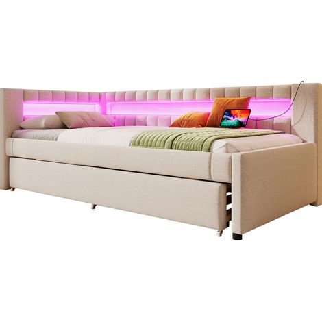 CHICFURN Lit banquette gigogne 90x200 cm avec LED, ports USB + Type-C, revêtement tissu beige, sans matelas, gain de place pour salon, chambre ou bureau (1/5)