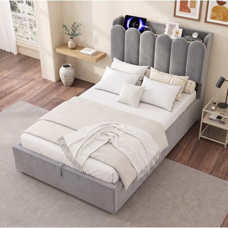 Lit enfant 90x200 cm en velours gris avec rangement, USB-C et lampe, gain de place – MEUBLIV (1/5)