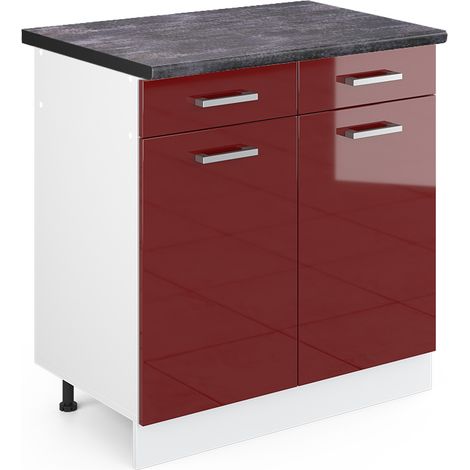 Mueble bajo de cocina R-Line, Rojo Burdeos alto brillo, 80 cm , ET Antracita, Vicco