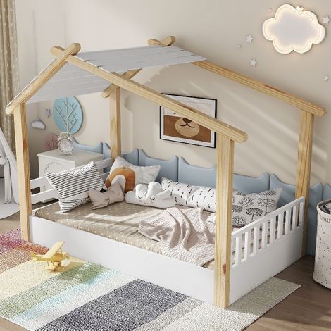 Lit cabane 90x190 avec sommier à lattes, lit enfant en bois et MDF, design maisonnette, blanc et naturel (1/5)