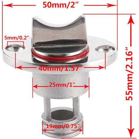 Stainless steel 316 drain plug for marine applications, 1-inch rubber seal, red washer, 25