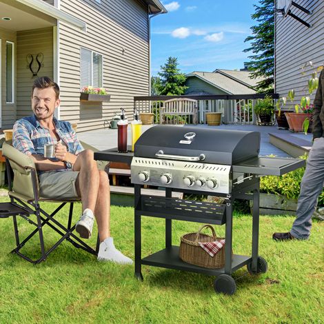 Barbecue a gas 4+1, barbecue a gas propano da 12,5 kW con ruote, griglia scaldavivande, ripiani, termometro e apribottiglie.