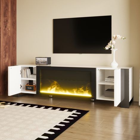 Mueble de TV para salón 165x32x55cm, mueble bajo para TV, efecto llama, con espacio de almacenaje, 2 estantes, blanco - HAUSS SPOLE (1/5)