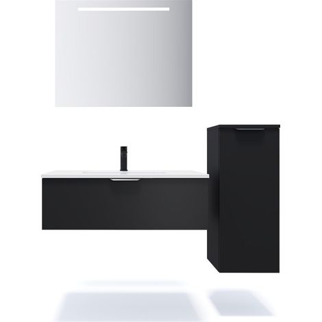 Meuble de salle de bain suspendu vasque intégrée 90cm 1 tiroir Noir + miroir + colonne ouverture droite - Soho (1/5)