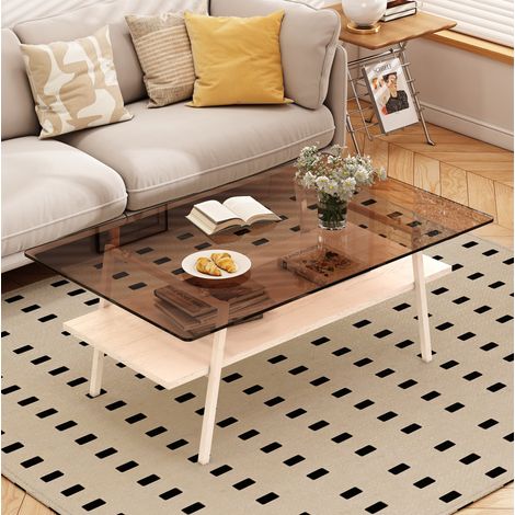 Mesa de centro 98 x 58 x 42,5 cm marrón y blanco, tablero de vidrio templado, MDF y metal MEUBLIV (1/5)