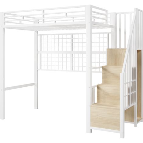 Lit mezzanine 90 x 200 cm en métal blanc avec armoire, escalier de rangement et LED 7 couleurs (1/5)