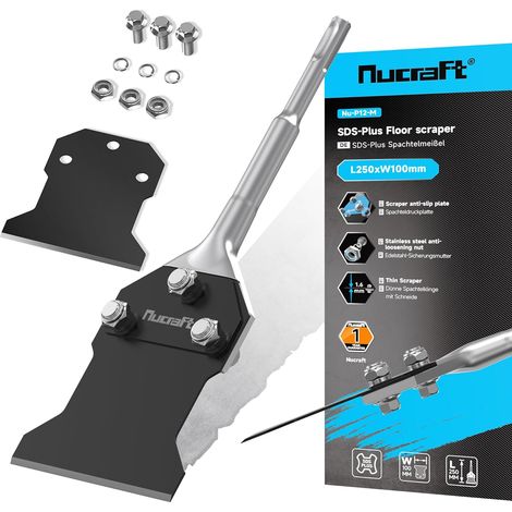 Set de burins à mastic SDS-Plus 250 x 100 mm, burin avec lame de rechange et vis, grattoir de sol pour enlever la colle au sol, tapis, linoléum, colle à carrelage, carrelage en PVC, couleur (1/5)