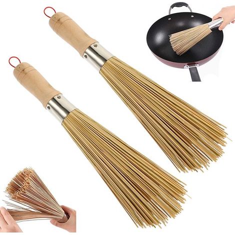 Lot de 2 - Brosse de nettoyage à manche en bois - Petite brosse à poêle en bambou à manche en bois - Brosse à wok traditionnelle en bambou naturel - Brosse de cuisine - Brosse pour fouets à œufs - Bro (1/5)