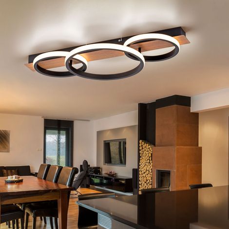 Holz Deckenleuchte Deckenlampe Metall schwarz LED Holzleuchte, 3 flammig, Holzoptik modern, 1x LED 37W 3200Lm 3000K, LxBxH 68x30x8cm