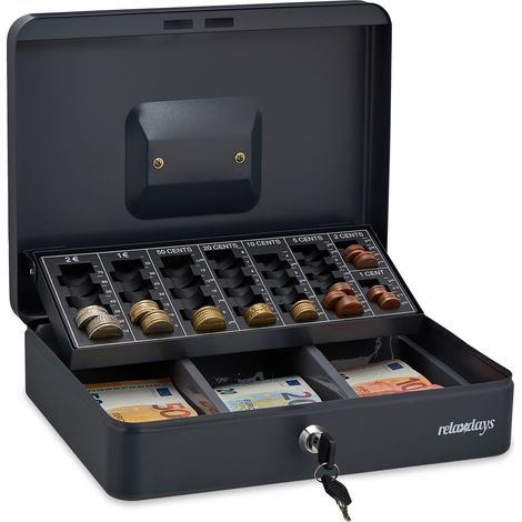 Relaxdays Cash Box, Coin Counter Tray Lockable Steel Portable Change & Notes, H x W x D: 9 x 30.5 x 23.5 cm, Grey
