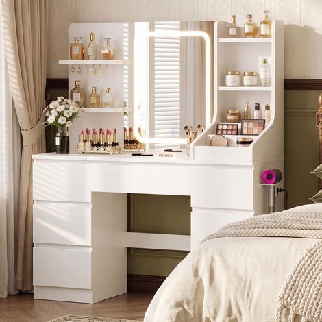 Grande Coiffeuse avec Miroir LED, Luminosité Réglable, Table de Maquillage avec 4 Étagères et 7 Tiroirs, Meuble pour Chambre Moderne (Blanc (avec Prise)) (1/5)