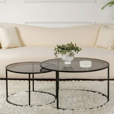 Dmora - Set di 2 tavolini da salotto Ragalna, Tavolo basso da caffè, Portariviste per divano, Ripiano da soggiorno, 80x80 h43 cm, Nero e Grigio (1/5)