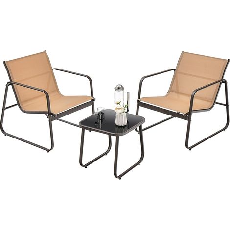 Costway – Ensemble table et chaises de jardin 3 pcs – Tissu respirant – Cadre métallique 150 kg – Table en verre trempé pour extérieur – Brun (1/5)