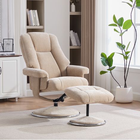 Fauteuil relax pivotant avec repose-pieds en chenille taupe clair (1/5)