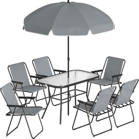 Set 8 Pezzi da Giardino con Ombrellone 6 Sedie Pieghevoli e Tavolo da Esterno in Vetro Temperato Grigio (1/5)