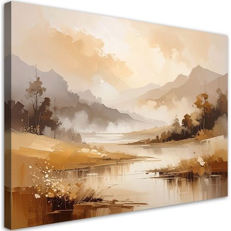 Quadro su tela, Paesaggio pastello di montagne e alberi Paesaggio naturale Beige, 30x20 (1/5)