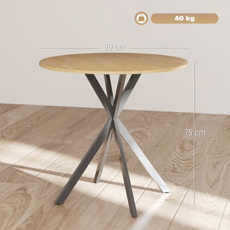 Table de salle à manger ronde de style industriel, pieds croisés en acier, 80 cm de diamètre x 75 cm de hauteur, couleur chêne. (1/5)