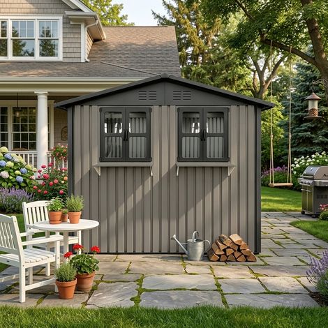 Abri de jardin en acier galvanisé marron, 254,2 x 170,2 cm (4,33 m²), avec deux fenêtres doubles ouvrantes, deux portes doubles verrouillables et une étagère décorative pour les fleurs. (1/5)
