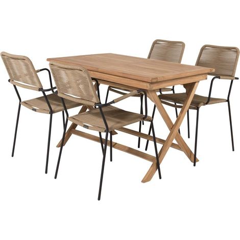 Kenya Gartenset Tisch 70x120cm natur, 4 Stühle Lindos braun.