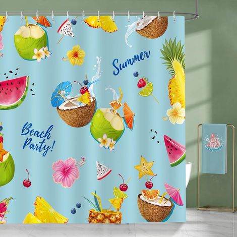 Rideau de Douche Eté Fruits Tropicaux Plage Rideau de Bain Tissu Polyester Anti Moisissure Imperméable Lavable Rideaux Salle de Bain 180 x 180 cm avec 12 Crochets pour Baignoire (1/4)