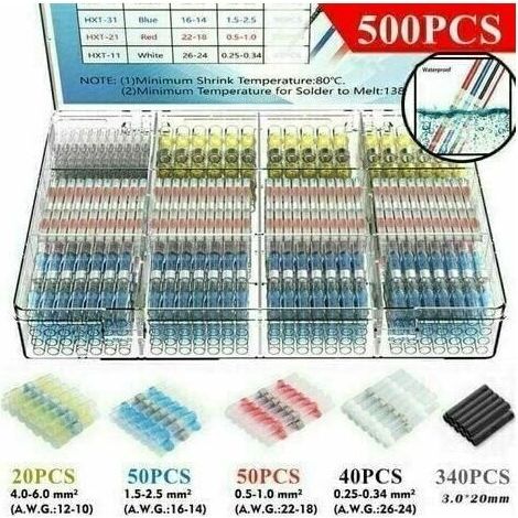 500Pcs Cosses Electriques Souder Gaine Thermorétractable, Thermorétractables Souder Bout À Bout Seal Connecteurs Electriques Isolés Etanche Marine Marine Automobile Cuivre (1/5)