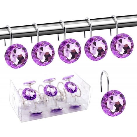 Lot de 12 anneaux décoratifs en acrylique pour rideau de douche violet avec strass, pour salle de bain, chambre de bébé, salon (violet) (1/5)