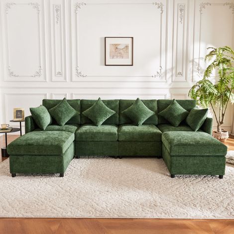 Canapé modulaire 278 x 161 cm – 2 poufs, 6 coussins, convertible en U ou L, chenille verte – Grand salon modulable (1/5)