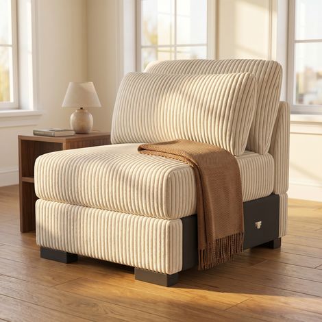 Modulares 1-Sitzer Sofa aus beigem Cordstoff, moderne Chaiselongue mit Kissen, 74 x 88 x 85 cm