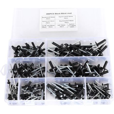 Schwarzes Blindnietenset, 200-teilig, verschiedene Aluminium-Befestigungselemente 3,2/4,0/4,8 mm (1/5)