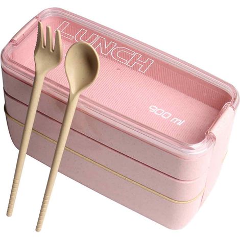 Boîte à lunch empilable rose style japonais, 3 compartiments, élégante et colorée, idéale pour les étudiants, le bureau, l'école et la maison.