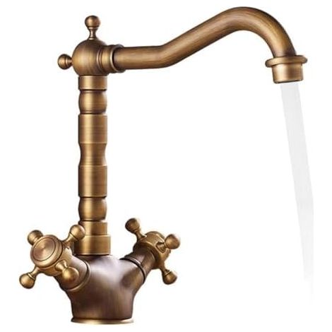 Robinet d'évier pivotant 360° style vintage, mitigeur en laiton à double poignée pour cuisine et salle de bains, fourni avec tuyau flexible, finition robuste et résistante