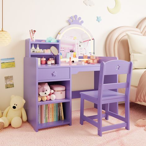 Table de Coiffeuse Princesse avec Miroir à LED pour Enfants - Bureau Maquillage en Bois avec Chaise, Tiroir et Étagères-Violet (1/5)