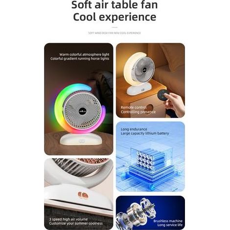 Ortviai Ventilateur de bureau USB rechargeable avec télécommande, 3 vitesses, 5 modes d'éclairage et minuterie 1H/2H, modèle 102 (1/5)