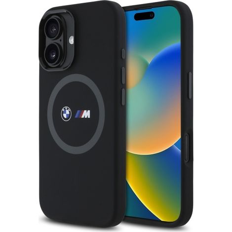 BMW BMHMP16S23SROK iPhone 16 6.1" negro/negro funda rígida de silicona M Anillo impreso MagSafe (1/5)