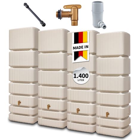 4rain SLIM Wandtank Komplett-Set 1400 Liter sandbeige, 4 x SLIM 350 L inkl. Verbindungsset, Kunststoff-Auslaufhahn und Fallrohranschluss