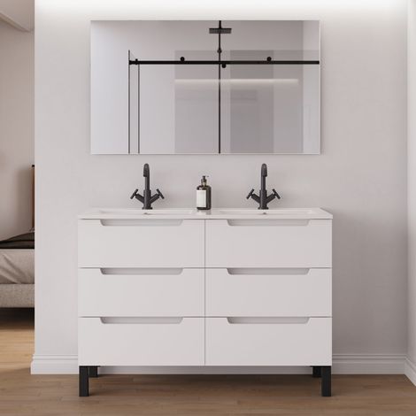 Meuble de salle de bain 140cm double vasque - 6 tiroirs - blanc mat - RIZA (1/5)
