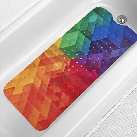 Tapis de bain arc-en-ciel antidérapant pour enfants, 101,6 x 40,6 cm, motif géométrique, art moderne, tapis de bain antidérapant 3D avec grands trous de drainage et ventouses, décoration de salle de (1/5)