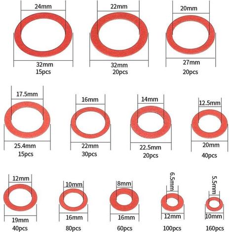 Kit Assortiment 600 Rondelles Fibre Joints Plats 12 Tailles Acier Rouge Papier