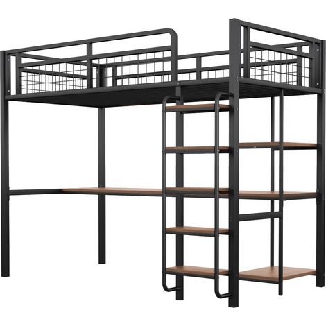 Lit mezzanine en métal, 90200 cm, avec échelle de sécurité à marches, lit simple, lit enfant avec table et étagères, garde-corps de sécurité en grille métallique, noir