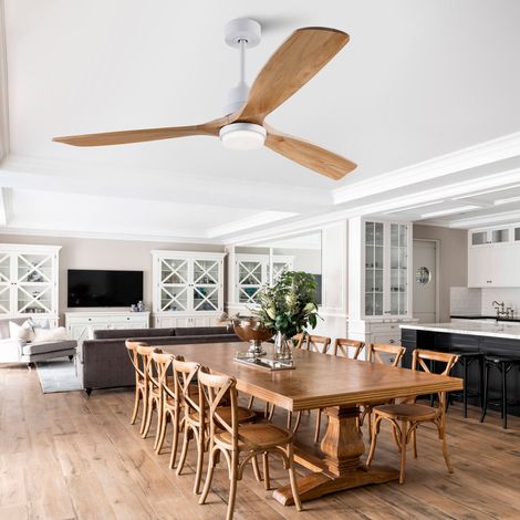 Ventilatore da soffitto in legno massello con telecomando, 6 velocità, luce LED regolabile, naturale bianco (1/5)