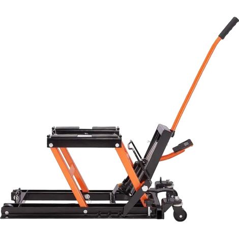 Elevador hidráulico para motocicletas, capacidad de 700 kg, altura regulable, color naranja. (1/2)