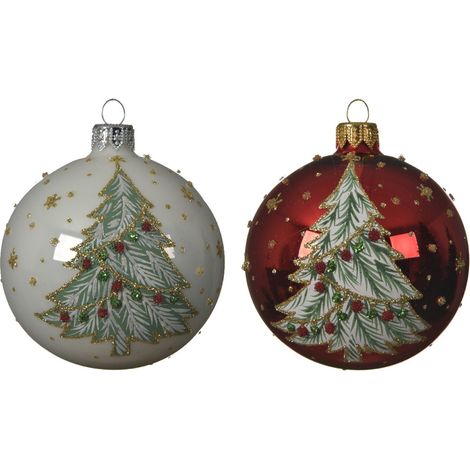 Palline per albero di natale in vetro color Rosso e Bianco con Albero da 8 cm, confezione da 6 pezzi