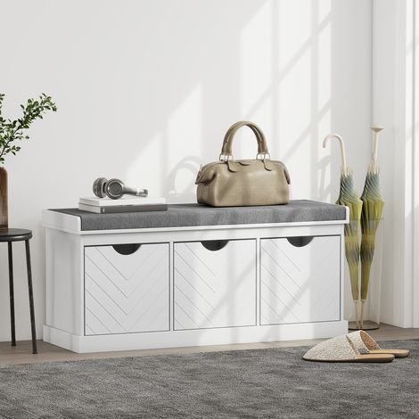 Banc chaussures entrée, banc de rangement avec 3 tiroirs amovibles et coussin rembourré en tissu aspect lin, blanc (1/5)