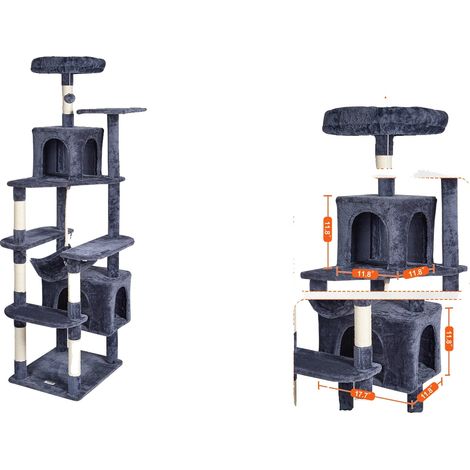 Arbre à chat, design multi-niveaux, condos confortables, Gris Foncé 9F 2R (1/2)