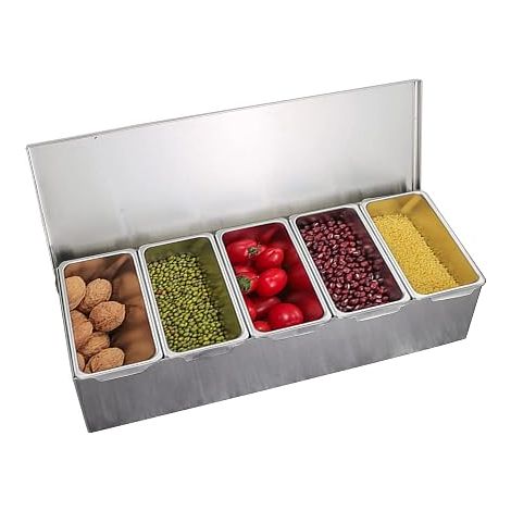 Boîte à Condiments Inox 5 Compartiments, Récipient à Ingrédients Rectangulaire, Inox 201/304 Poli, Couvercle Amovible, Gain de Place, Pour Cuisine et Buffet (1/5)