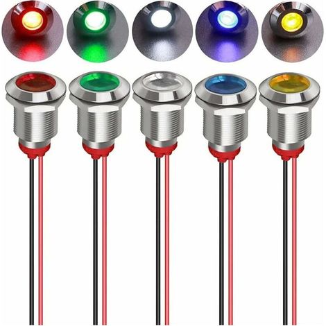 Indicateur LED étanche 12 mm – Lot de 5 lampes pilotes métalliques pour tableau de bord, 12/24 V CC, avec câble (1/5)