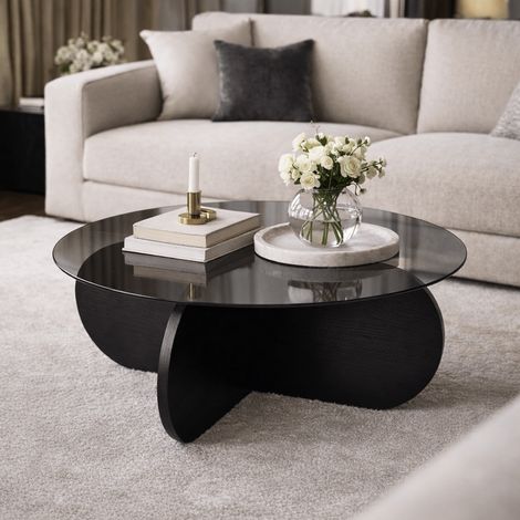 Runder Couchtisch Aris aus schwarzem Melamin und Rauchglas 75 cm